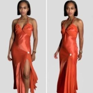 Jovani Silk Burnt Orange Plunged Neckline Maxi Bridesmaid Dress